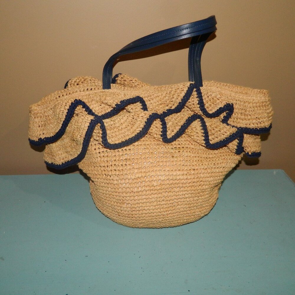 Mark & Graham Ruffle Raffia Tote Blue Trim NO MONO